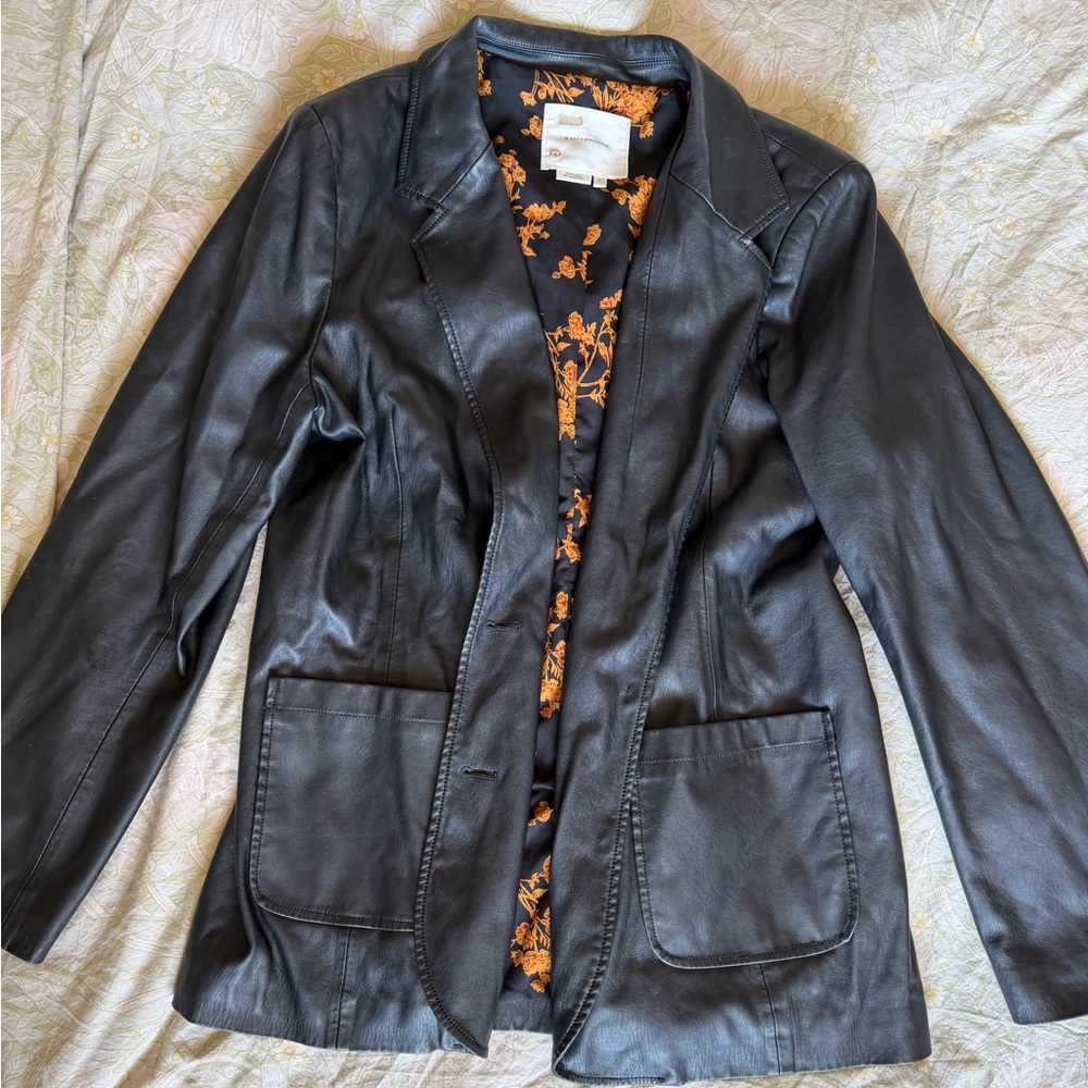 Anthropologie Black Leather Blazer with Orange Floral Lining